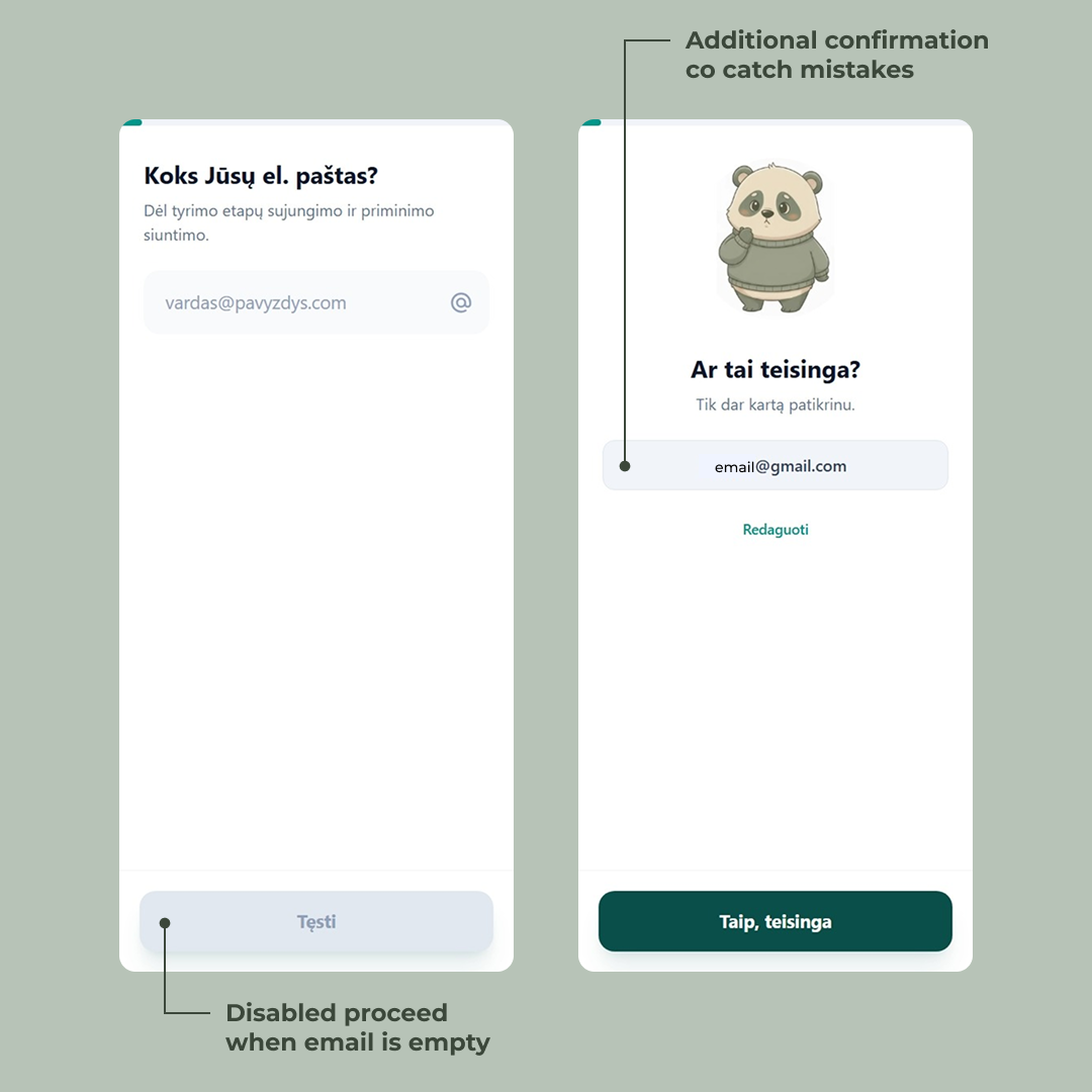 Email capture screen showing the entered address back to the user with options to confirm or edit before proceeding