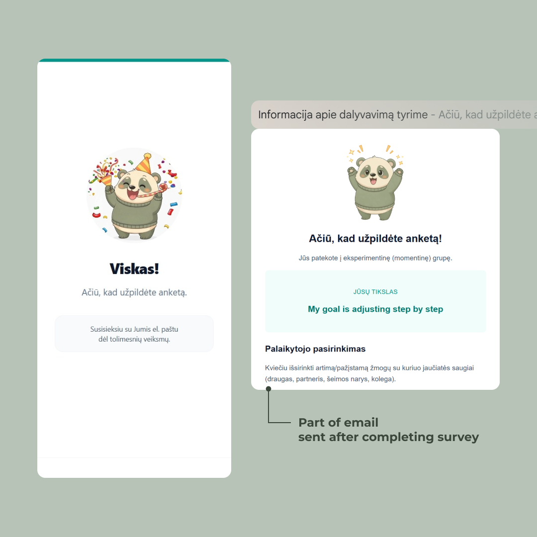 Completion screen confirming submission and explaining the next steps the participant will receive by email